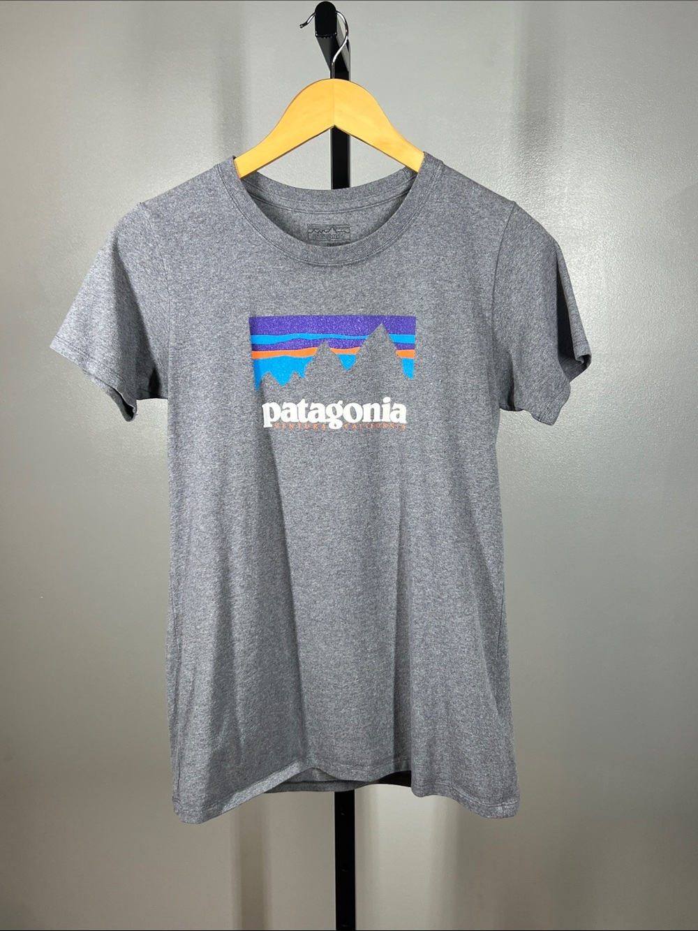 Patagonia Kids Gray Short Sleeve Logo Tee with Blue & Purple Mountain Graphic